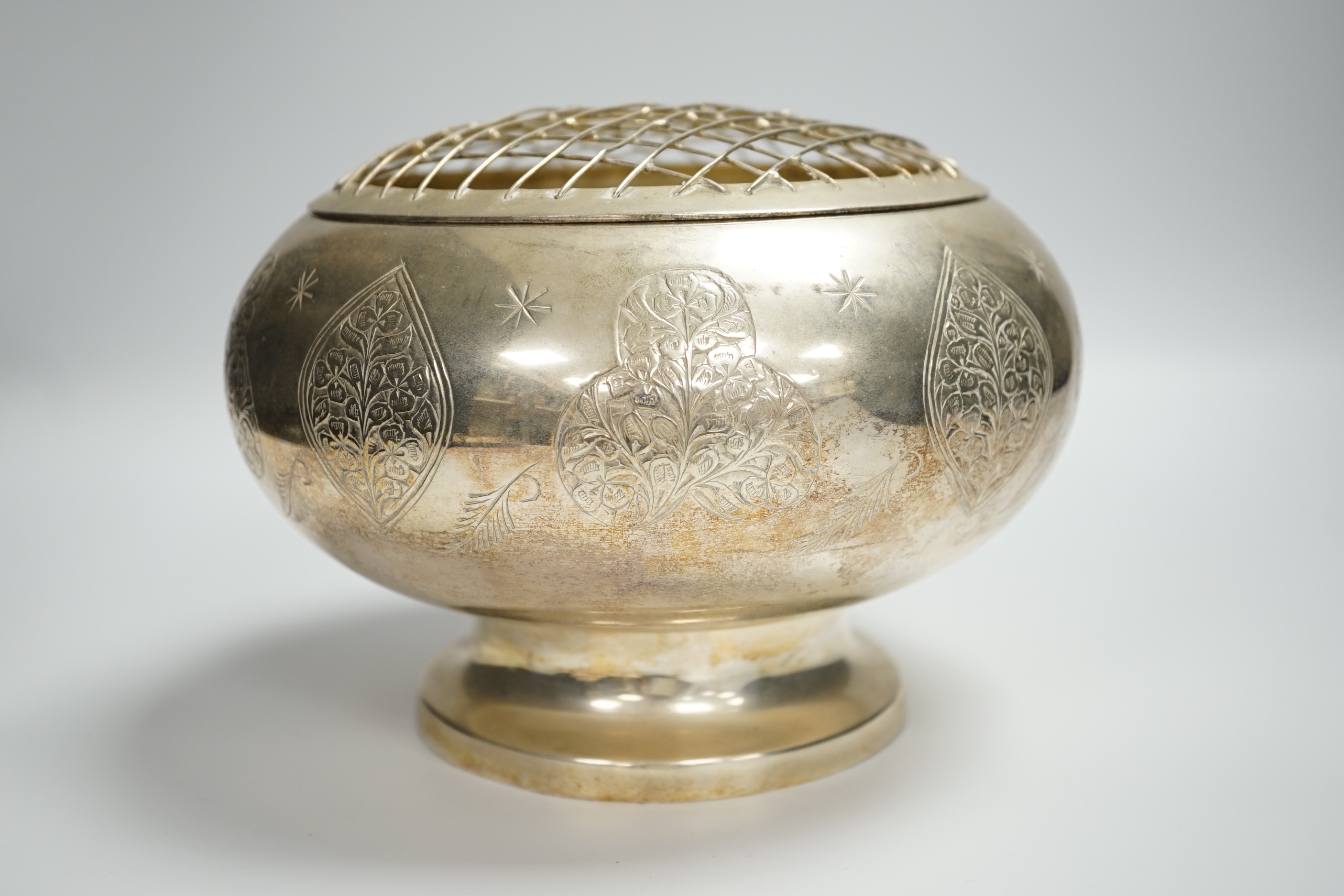 An Asian white metal rose bowl, 15cm high